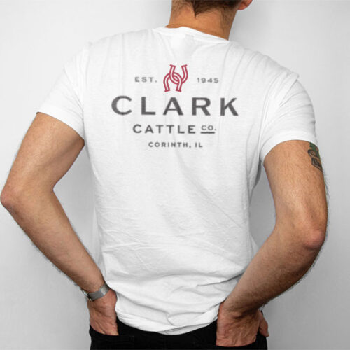 Back of white mens t shirt with Clark Cattle Co logo