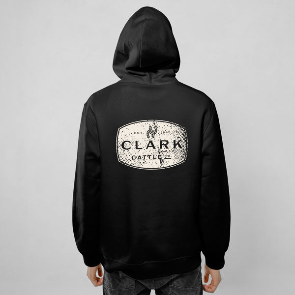 Black hoodie with white clark cattle co logo