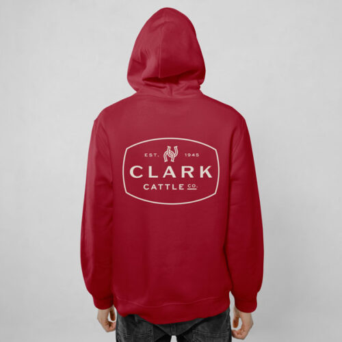 Crimson red hoodie with Clark Cattle Co. logo