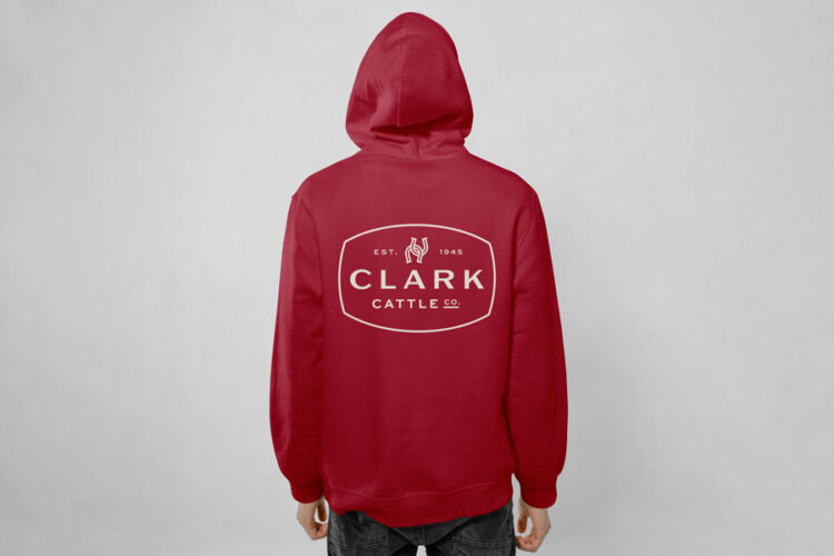 Crimson red hoodie with Clark Cattle Co. logo