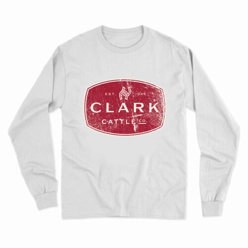 White long sleeve shirt with crimson clark cattle logo